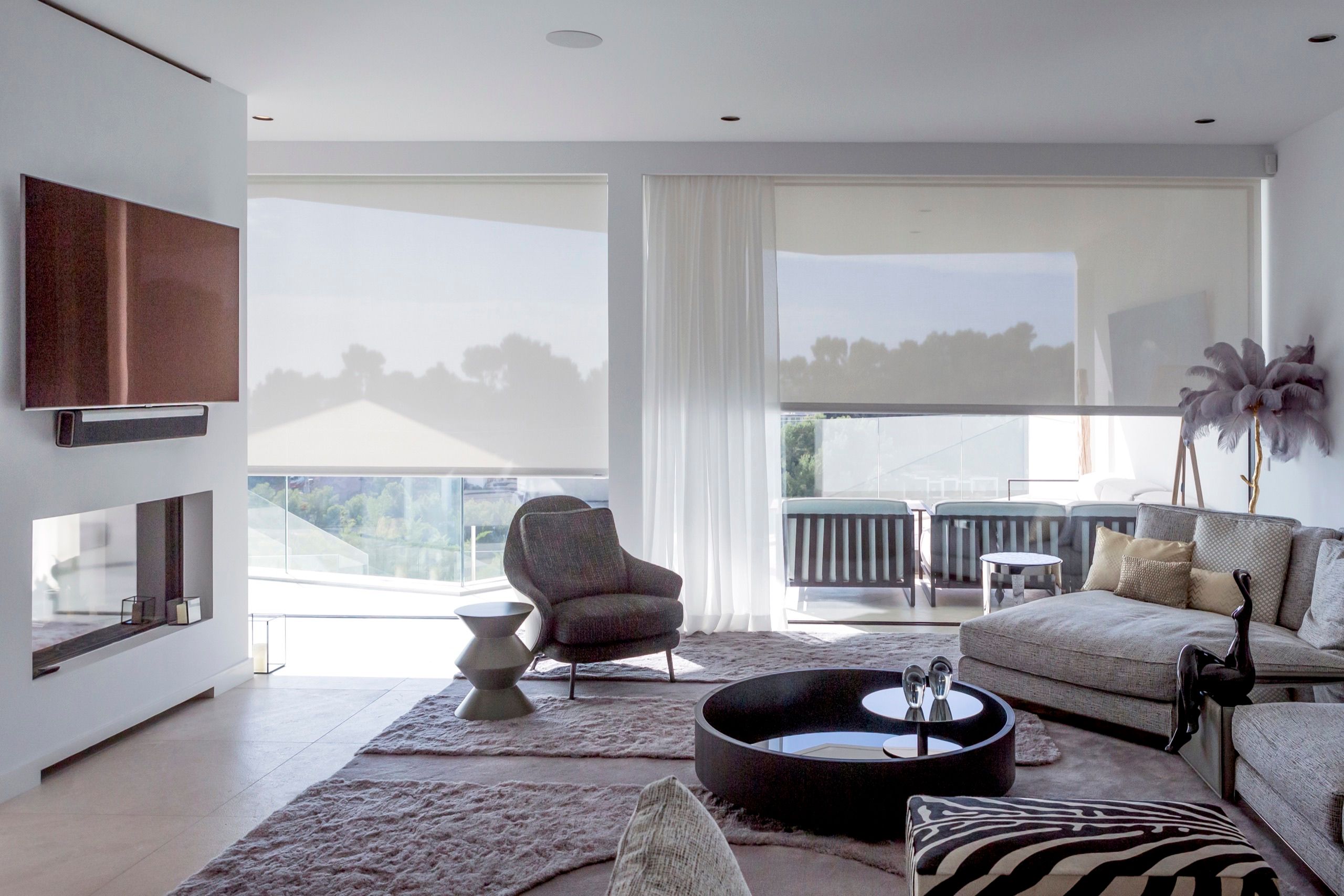 Detail of the heat-blocking Polyscreen fabric on a roller blind in Costa d'en Blanes, Mallorca