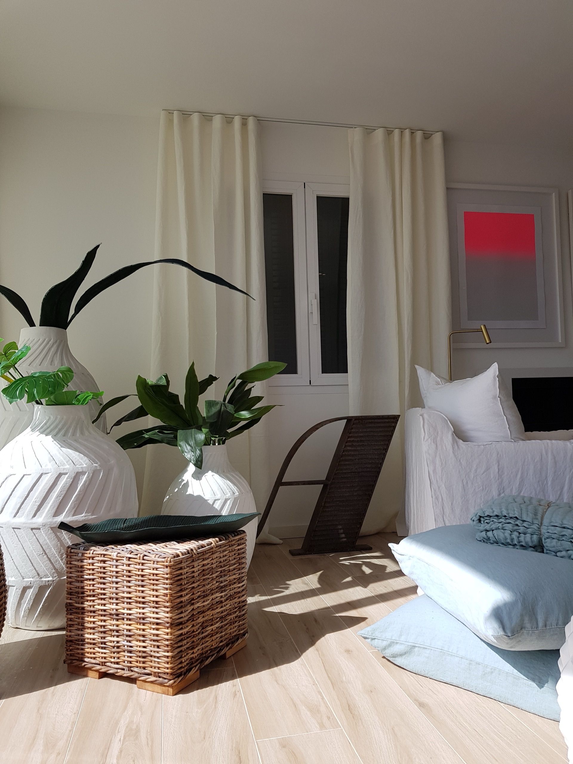 Wave-pleated linen curtain in a Palma city centre apartment, Mallorca