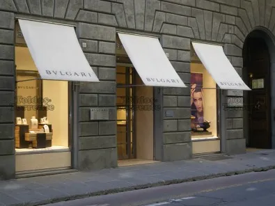 Awning screen-printed with the Bulgari logo