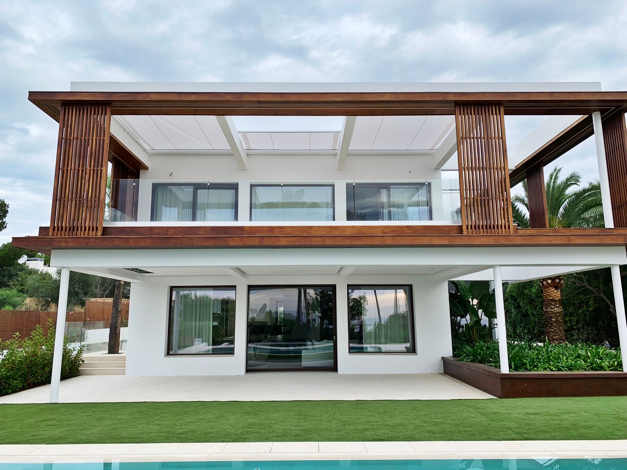 Veranda awning providing shade on a terrace in Sol de Mallorca, Mallorca