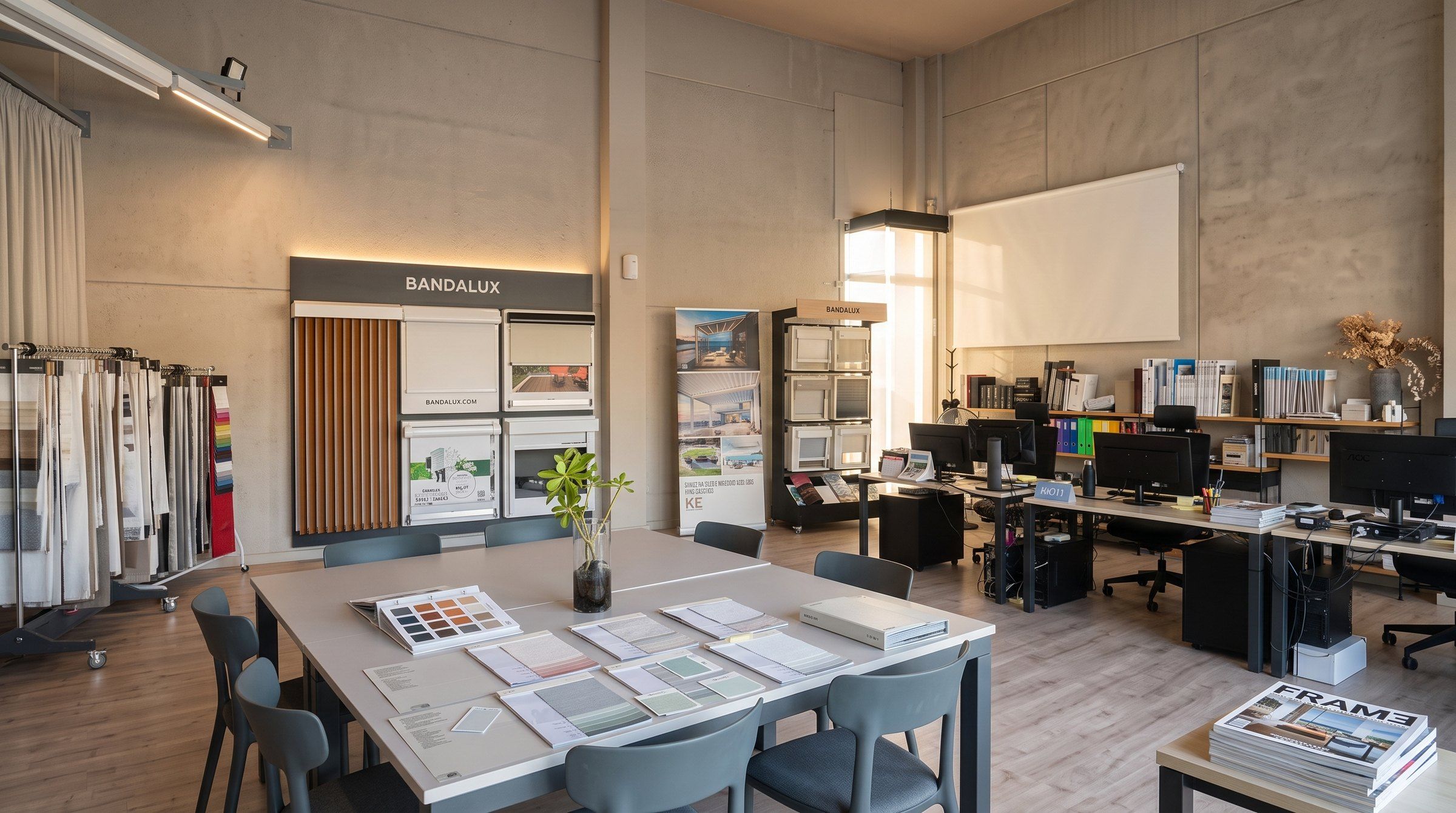 Showroom de Área Deluxe en Santa Ponsa, con expositores de cortinas y estores Bandalux