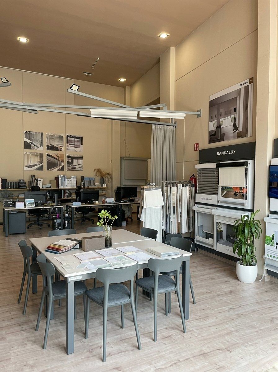 Showroom de Área Deluxe en Santa Ponsa, con expositores de cortinas y estores Bandalux